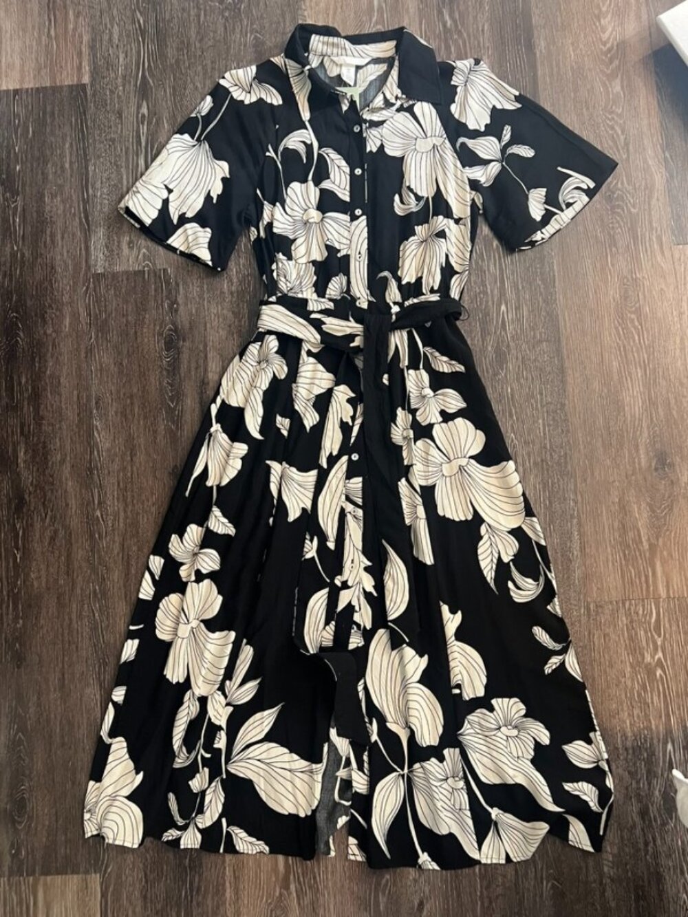 H&M Black Floral Shirt Dress Small NWT Belted Midi Anthro Vibe Japanese Inspired